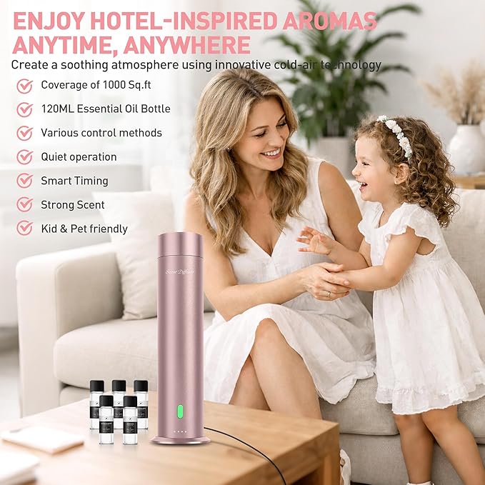Waterless Scent Diffuser Starter Kit - 1000 Sq Ft Coverage, Hotel Scent Diffuser, Essential Oil Diffuser Large Room, Included 5 Scent Oils, Remote Control, Rosepink