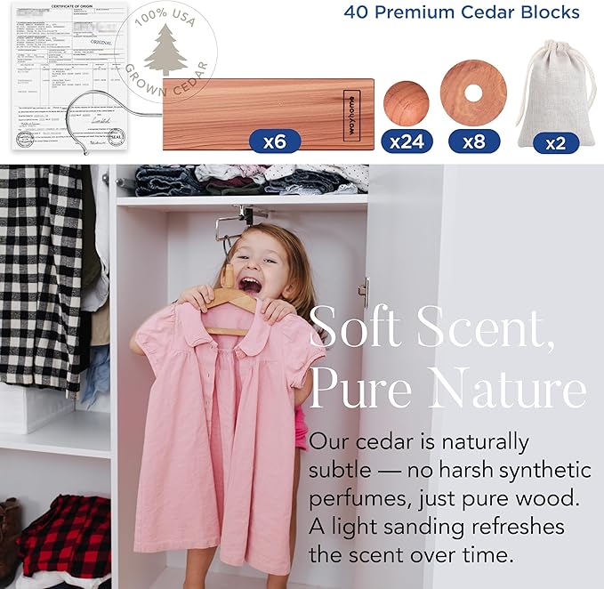 WAYHOME Cedar Blocks for Clothes Storage – 40 Pack Natural Red Cedarwood Closet Set with Cedar Blocks, Rings & Sachets for Drawers, Closets, Shoe Racks, Shelves & Storage