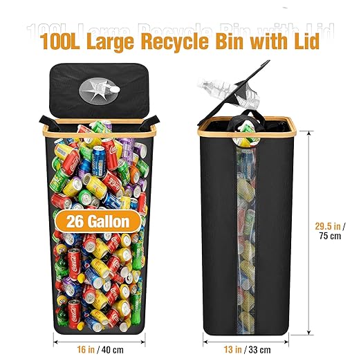 Recycle Trash Can Laundry Hamper with Lid, 100L Large Recycling Bins Laundry Basket Clothes Hamper, 26 Gallon Indoor Recycle Bin with 2 Reusable Inner Bag Bottle Cans Waste Plastice Glass