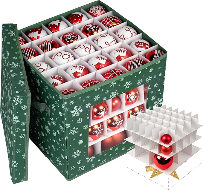 Christmas Ornament Storage Box, Green Snowflakes Christmas Ornament Boxes Storage, Fits 83 Christmas baubles 3cm-8cm, suitable for Holiday Ornaments - 600D Oxford Christmas Ornament Organizer
