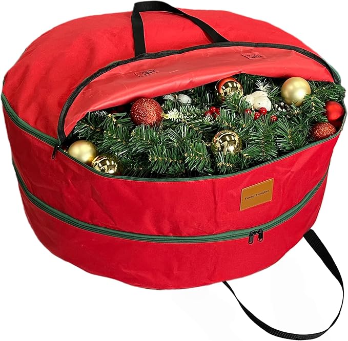 24x12 inchs Wreath Storage Container,Red Double storage bag,Heavy Duty 600D Oxford Cloth,Garland Wreaths Container For Xmas Holiday Wreaths Storage Holder