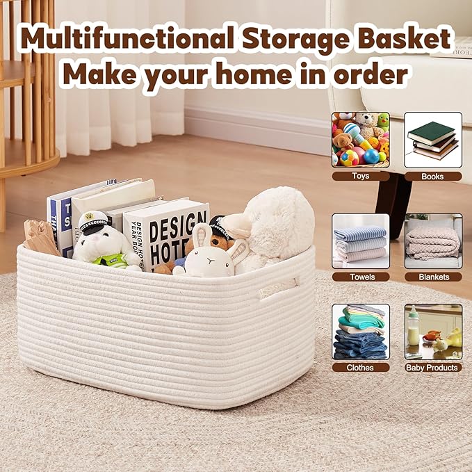 OIAHOMY Storage Basket for Shelves, Closet Cube Storage Bins Baskets for Clothes Blanket Towels, Baby Nursery, Toy Baskets Box, Woven Rope Basket, 15.75*11.81*7.09 IN, 2 Packs White