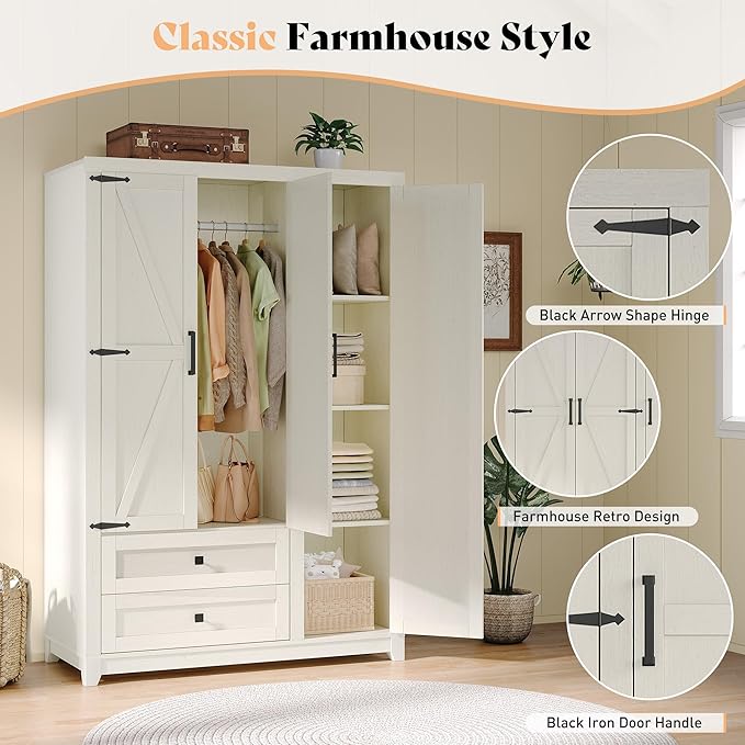 AMERLIFE Farmhouse 3 Door Wardrobe Closet with 2 Drawers & Hanging Rod, 47" Large Armoire Storage Cabinet with Adjustable Shelves, Freestanding Clothing Organizer for Bedroom, White