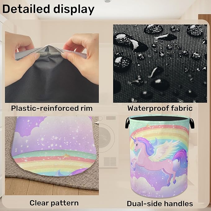 Rainbow Unicorn Foldable Laundry Hamper - Waterproof Fabric Storage Basket with Handles, Clothes Hampers for Laundry,Bedroom,Dorm