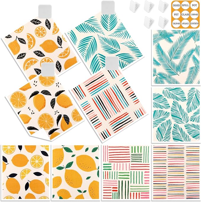 Lucomb 10 Pack Swedish Dishcloths Washable, Reusable Swedish Cloths Biodegradable Kitchen Towels with Hanging Clips, Cellulose Cotton Blend, Lemon Prints