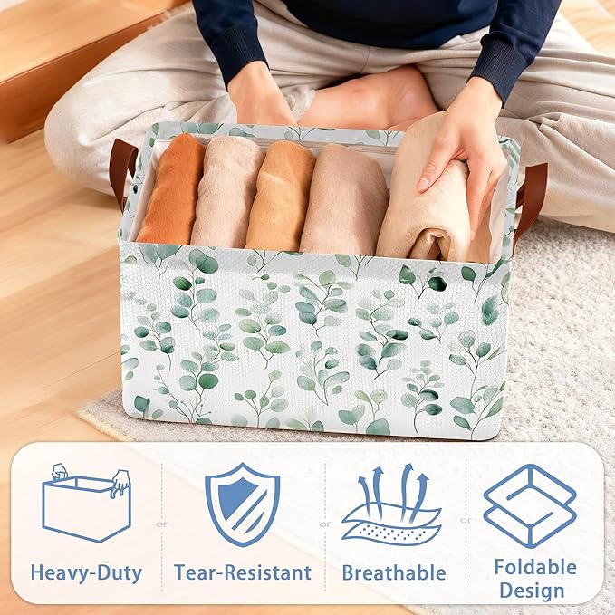 Eucalyptus Storage Basket,Leaves Collapsible Storage Bin Cubes for Living Room Bedroom Blankets Home Storage 17x11.5x10Inch