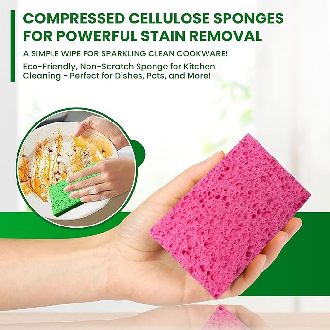 MMG Prime Cellulose Sponges – 24-Pack Multicolored Compressed Natural for Kitchen – Plant-Based, Biodegradable, Non-Scratch, Quick-Dry, Super-Absorbent for Dishes & Surfaces