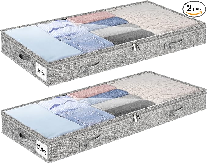 3 Inch Low Profile Under Bed Storage Drawer 2 Pack, Lightweight Underbed Clothes Storage Container Bins with NO STURCTURE, Shallow Storage Bag for Dorm & Home, With Clear Lids & Water-Resistant Fabric