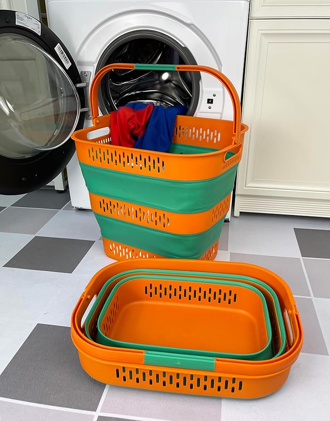 SAMMART 38L(10 Gal) Collapsible Laundry Basket - Foldable Pop-Up Storage Container/Organizer-Portable Space Saving Hamper, Measure 17.5x13.3x15.7"/3.8" Expanded/Collapsed (2, Autumn Leaf/Forest Green)