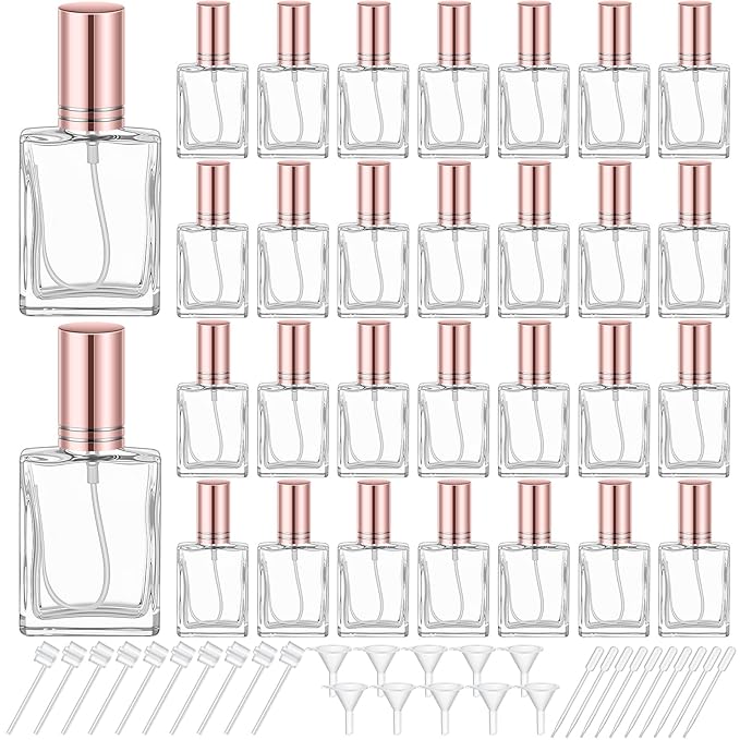 Domensi 30 Pcs 15 ml Glass Perfume Bottles Mini Glass Empty Spray Atomizer Bottles Bulk Refillable Small Perfume Dispenser Container with Pump Tool for Travel Plants Hair Cleaning Skin Care(Rose Gold)