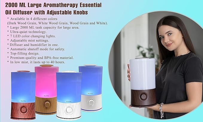 BlueHills Premium 2000 ML XL Large Essential Oil Diffuser Aromatherapy Humidifier for Large Room Home 40 Hour Run Huge Coverage Area Lights 2 Liter Extra Large Capacity Diffuser White Wood Grain E004