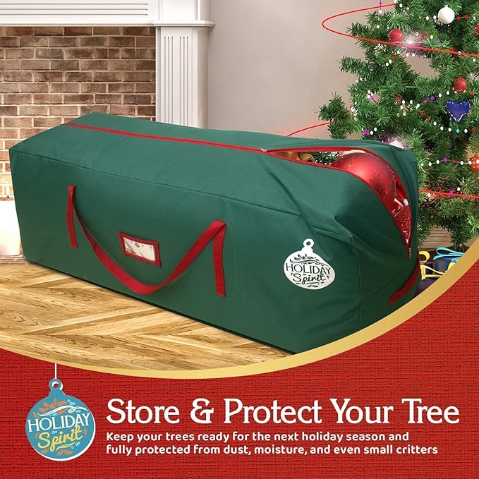 HOLIDAY SPIRIT Heavy Duty Canvas Bags for Christmas Tree - Waterproof Storage Bag with Reinforced Handles and Dual Zipper for 9 Ft Tree - 600D Oxford Material Protects from Dust and Moisture, Green