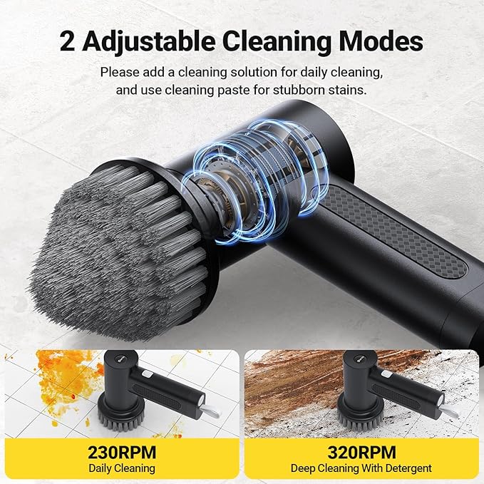 StarVal Electric Spin Scrubber, 3000 mAh Cordless Power Scrubber with 8 Replaceable Heads, Dual Speed Lightweight Handheld Scrubber for Cleaning Stove/Bowl/Sink/Corner/Tile/Grout (Black)