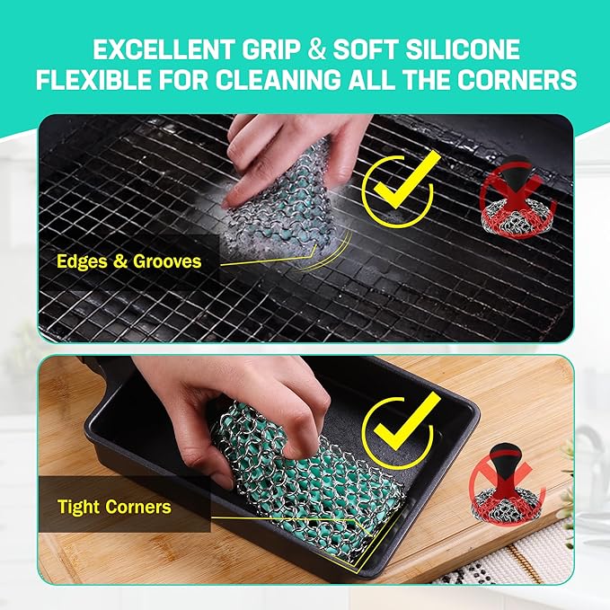 HAUSHOF Cast Iron Scrubber, Chainmail Scrubber with Silicone Core, Premium Cast Iron Cleaner for Skillet, Pan, Dutch Oven
