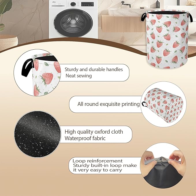 Watercolor Pink Strawberry Laundry Hamper,Green Leaves Collapsible Laundry Baskets,Waterproof Oxford Cloth Laundry Room Organization for Bedroom,Bathroom,Nursery,16x20 Inch