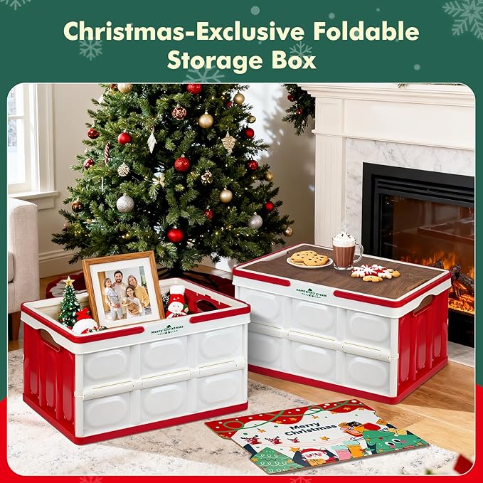 Christmas Storage Box 50L 2 Pack, Foldable Storage Box with Wood Lid & Handles, Includes Christmas Stickers for DIY, Multifunctional Wood Top for Holiday Decor, Gift, Fruit Cutting & Home Organization