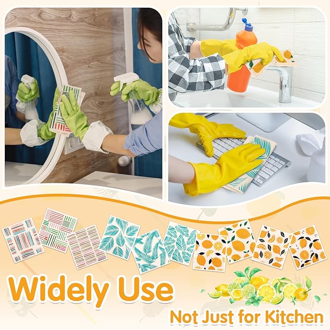 Lucomb 10 Pack Swedish Dishcloths Washable, Reusable Swedish Cloths Biodegradable Kitchen Towels with Hanging Clips, Cellulose Cotton Blend, Lemon Prints