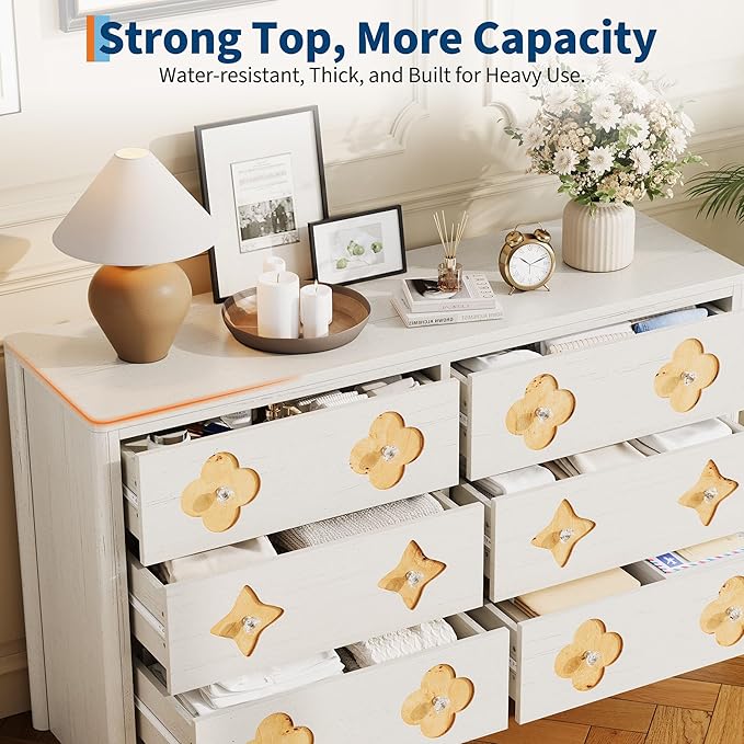 Garvee Dresser for Bedroom with 6 Drawers, 47.2'' Wide Chest of Large Decorative Drawer Front with Large Clothes Storage Cabinet, Wood Bedroom Dresser, TV Stand for Nursery, Living Room, White