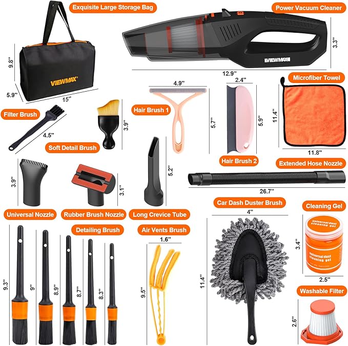 Car Cleaning Kit 19Pcs, Car Interior Detailing Kit with 12000PA High Power Handheld 12V Corded Vacuum, Detailing Brush Set, Cleaning Gel, Complete Car Wash Kit with Storage Bag for Men & Women
