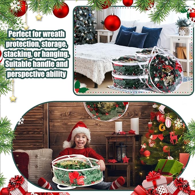 Shappy 14 Pieces Christmas Wreath Storage Container 30 Inch Wreath Plastic Storage Bags with Dual Zippers and Handles for Xmas Thanksgiving Holiday Artificial (Clear)
