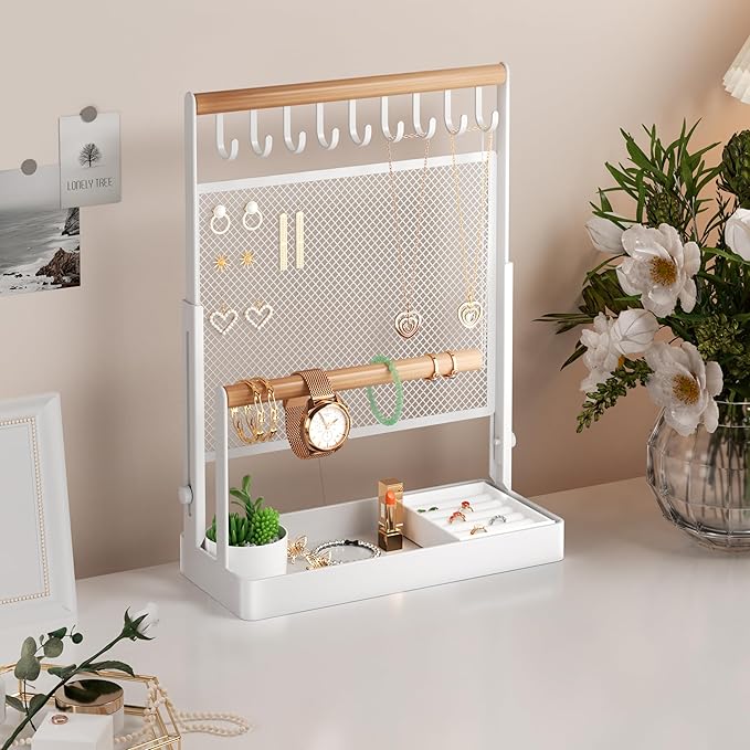 IOAIANIA Jewelry Organizer Stand with Velvet Ring Holder, Liftable Necklace Holder with Earring Organizer Net, 9 Hooks Necklaces Storage Wooden Handing Bar for Bracelets Watches Rings (White)