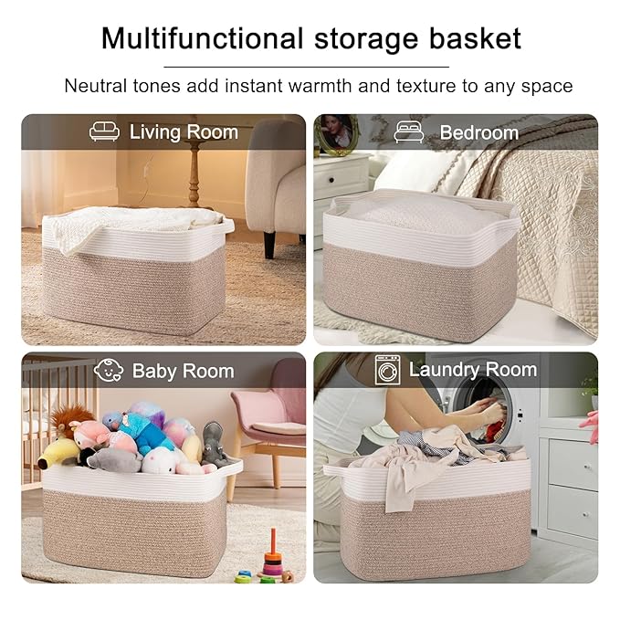 OIAHOMY Extra Large Blanket Basket, 95L Woven Storage Basket, Cotton Rope Toy Bin for Baby Room, Container for Storage in Living Room, 24''×17''×14'', Brown & White