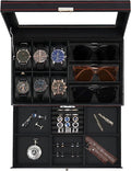 Jenseits Watch Box for Mens Jewelry Box, 6 Slot Watch Case & 3 Slot Sunglasses Organizer, Lockable PU Leather Jewelry Organizer Watch Display Storage W/Drawer For Rings Bracelets, Gift for Men Women