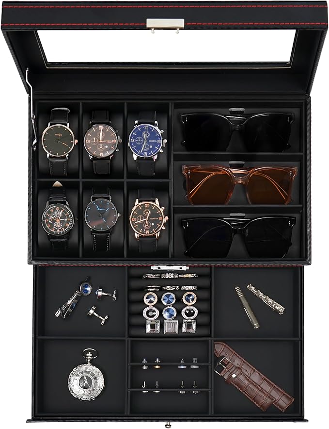 Jenseits Watch Box for Mens Jewelry Box, 6 Slot Watch Case & 3 Slot Sunglasses Organizer, Lockable PU Leather Jewelry Organizer Watch Display Storage W/Drawer For Rings Bracelets, Gift for Men Women