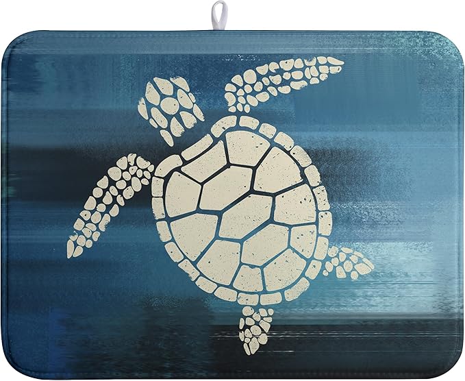 Wnoesat Sea Turtle Dish Drying Mats for Kitchen Counter 18x24 Inch Summer Ocean Animal Microfiber Absorbent Dish Drainer Rack Mats Navy Blue Large Dish Pad with Hanging Loop