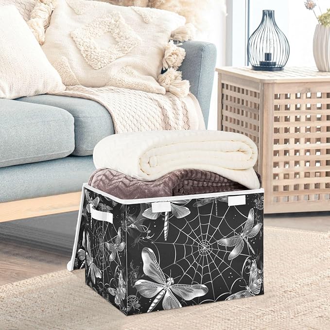 senya Halloween Baskets Collapsible Storage Bins with Lids, Spider Webs Dragonflies Storage Boxes Clothes Baskets for Organizing, B06D22020