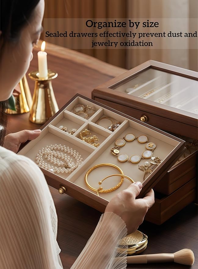 Solid Wood Jewelry Organizer,Vintage Jewelry Box for Women,4 Layer Wooden Box,Jewelry Storage with Glass Lid,Organizers and Storage for Rings,Earrings,Necklace,Watches,Gifts(No Mirror)