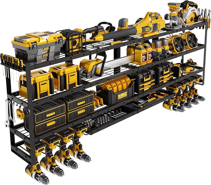 STURDIFLOW XLarge 64''W Power Tool Organizer Wall Mount | Modular&Corner-Fit 820lbs Garage Storage Rack with 8 Cordless Drill Holder | 4-Tier Heavy Duty Utility Shelf for Battery Workshop Organization