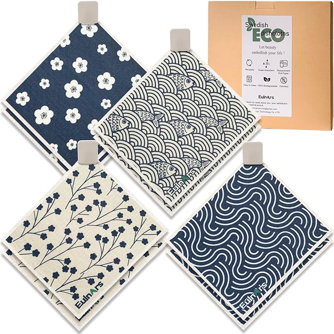 Eulnars Swedish Dishcloths for Kitchen, 8 Pack Japanese Pattern Reusable Paper Towels with Clips, Non-Scratch Swedish Dish Towels, Super Absorbent Cellulose Dish Cloths, No Odor