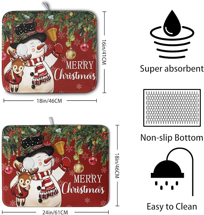 Kwlegh Christmas Dish Drying Mats for Kitchen Counter 16x18 Cute Snowman Red Dish Drying Pad for Dishes Winter Xmas Holiday Dish Draining Mat Absorbent Microfiber Dish Drainer Rack Mats