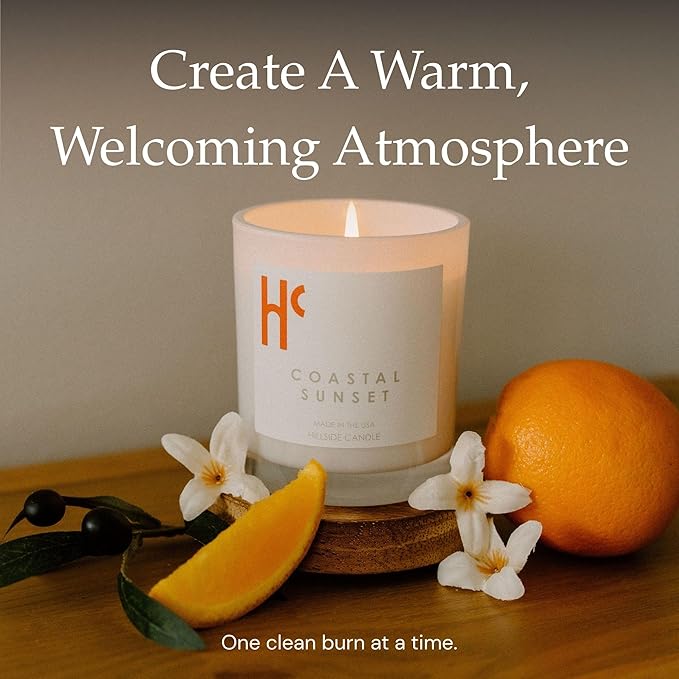 Coastal Sunset Single Wick Soy Candles, Luxury Scented Candles for Home - Up to 60 Hour Burn Time, Cruelty-Free Soy Wax Blend - Bergamot Fragrance, Notes of Pomelo & Orange (9 oz)