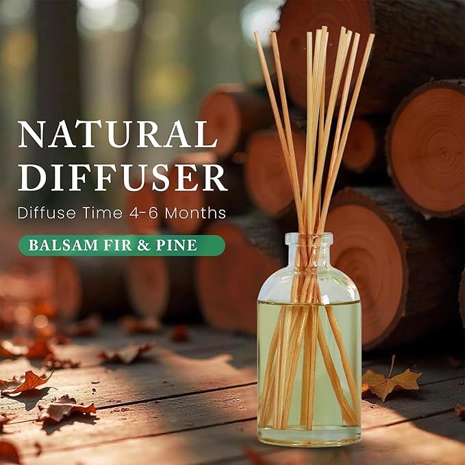 Hillhouse Naturals Reed Diffuser Set - Fresh Cut Balsam & Pine Scent Diffuser - Reed Diffusers for Home with Long Lasting Fragrance – 6 oz Oil – Diffuse Time 4-6 Months – Made in The USA