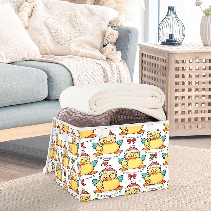 Christmas Duck Cute Pattern Storage Bins with Lids Foldable Storage Basket with Handles Collapsible Large Fabric Organizer Containers for Clothes Shelves Closet Office Home
