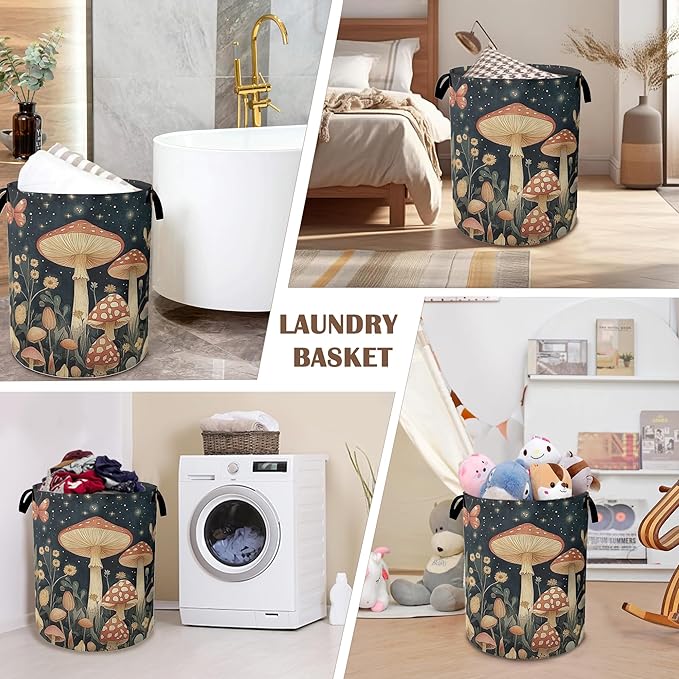 Fantasy Mushroom Laundry Basket,Butterfly Stars Collapsible Laundry Baskets with Handles,Waterproof Oxford Cloth Storage Basket 16"x20" for Bathroom/Bedroom/Dormitories