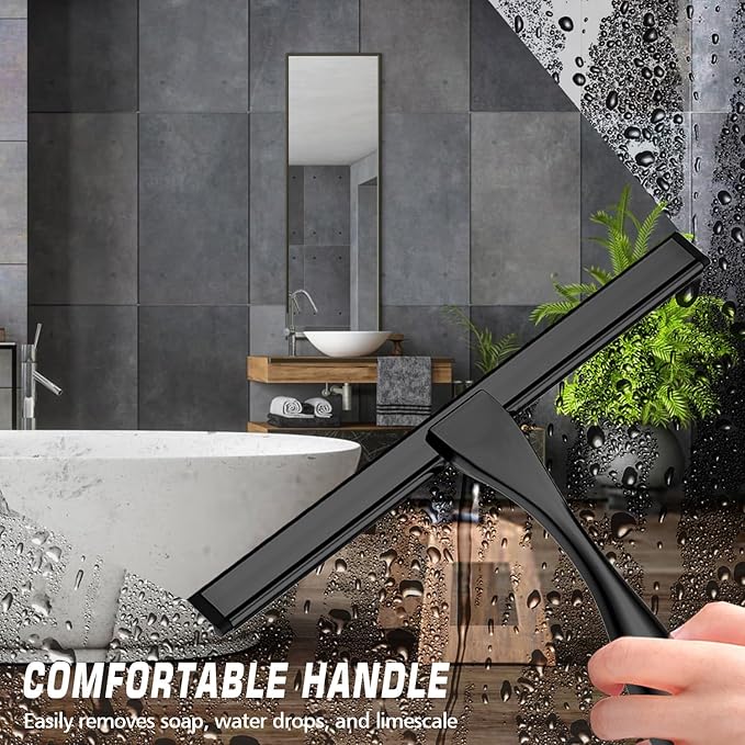OVSGTTZ Stainless Steel Shower Squeegee for Glass, Includes 3 Adhesive Hooks, Shower Door Squeegee for Bathroom, Household Window, Car Windshield, Mirrors, Tiles Scrubber Clear, 12 inch Black