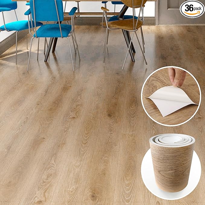 Lareko 54 Sq.Ft,Wood Peel and Stick Floor Tiles,36 Pack Brown Vinyl Flooring (No Adhesive Residue) 36"×6" Waterproof and Non-Slip Laminate Flooring for Renters Bathroom, Living Room (Honey）