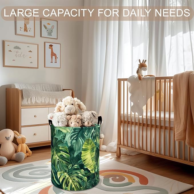 Tropical Leaves Laundry Basket Hamper 19.7"x15.8", Plant Foldable Waterproof Oxford Clothes Storage Bucket for Room Bathroom Bedroom Nursery Decor, Toy Organizer Bins Gifts for Kids Boys Girls