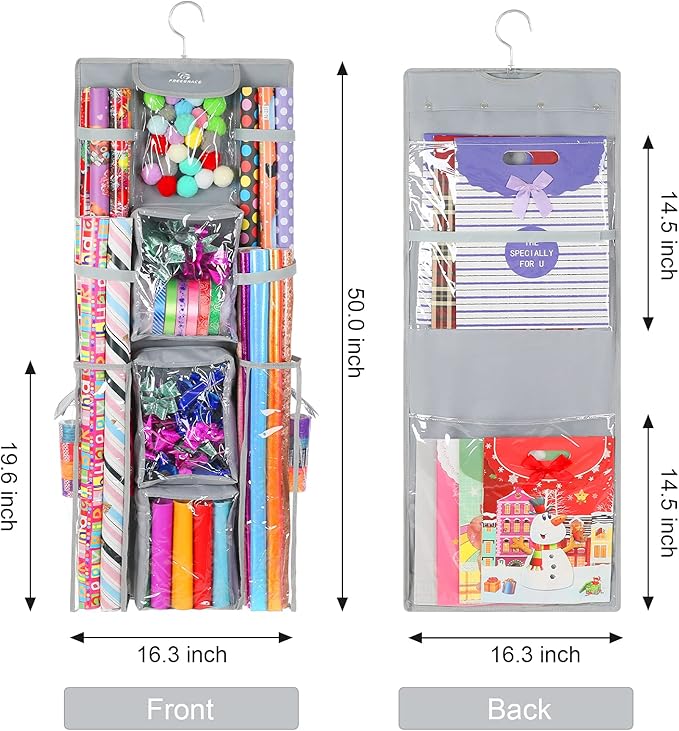 Freegrace Double Sided Hanging Gift Wrap Organizer | Large 16" x 41" Wrapping Paper Rolls Storage Bag | Tearproof & Space Saving Closet Gift Bag Organization Solution (Gray)