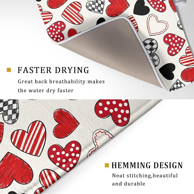 Valentines Day Dish Drying Mat for Kitchen Counter 24x18 Inch Red Heart Drying Mat with Absorbent Reversible Microfiber Holiday Love Dish Drainer Mats Rack Pad for Coffee Countertop Protector