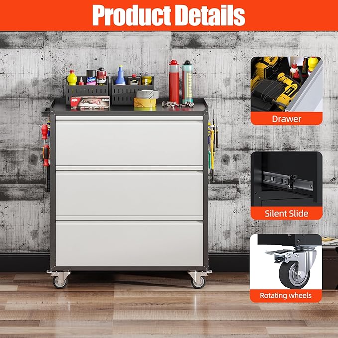 Aobabo Metal Garage Cabinet with Wheels, Garage Storage Cabinet with 3 Drawers,Assembly Required, Black/Gray