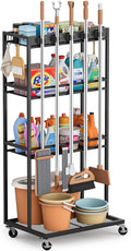 Olakee Taller Broom Holder with Cleaning Supplies Organizer, Broom Closet Storage Cabinet with Mop Hanger Gripper Rack Hooks, Housekeeping Janitorial Cart with Cleaning Caddy, Garage Home Improvement