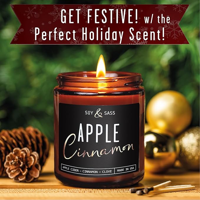 Apple Cinnamon Candles, Cinnamon Apple Candle - 'Apple Cinnamon' Infused w/Essential Oils I Scented Strong Soy Candles for Home for Christmas/Fall I Apple Pie Candle I 50Hr Burn, Made in USA