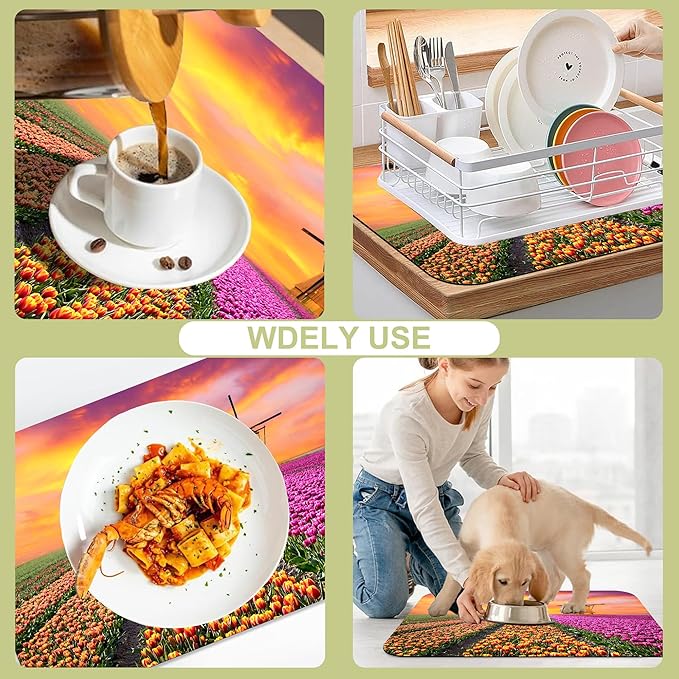 Kitchen Mat Sunrise Tulip Field Dish Drying Mat 16"x24" Bsorbent Coffee Maker Mat for Sink Dishes or Under Rack Kitchen Counter Accessories Absorbent Hide Stain Rubber Backed Dish Drying Pad