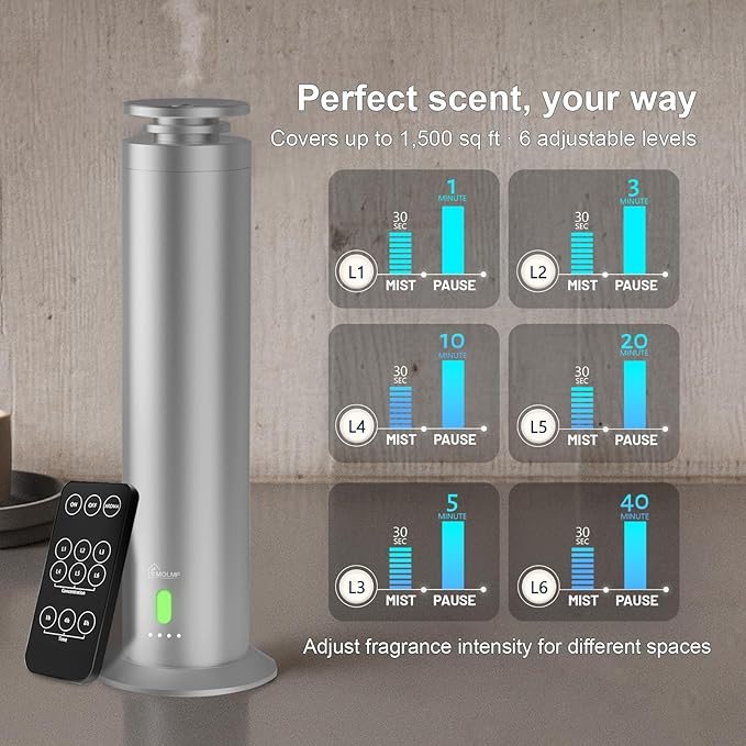 Hotel Collection Diffuser Machine,Remote,Rechargeable,Whisper-Quiet,Aluminum,1500 Sq Ft,Waterless Essential Oil Diffuser - Matte Silver