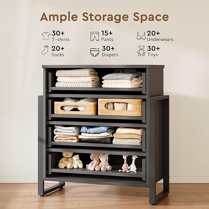 Fluted Dresser for Bedroom with 4 Drawers, 36.2" Tall Chest of Drawers with Raised H Legs and Curved Profile Design, Wood Closet Clothes Storage Organizer for Bedroom, Hallway, Black