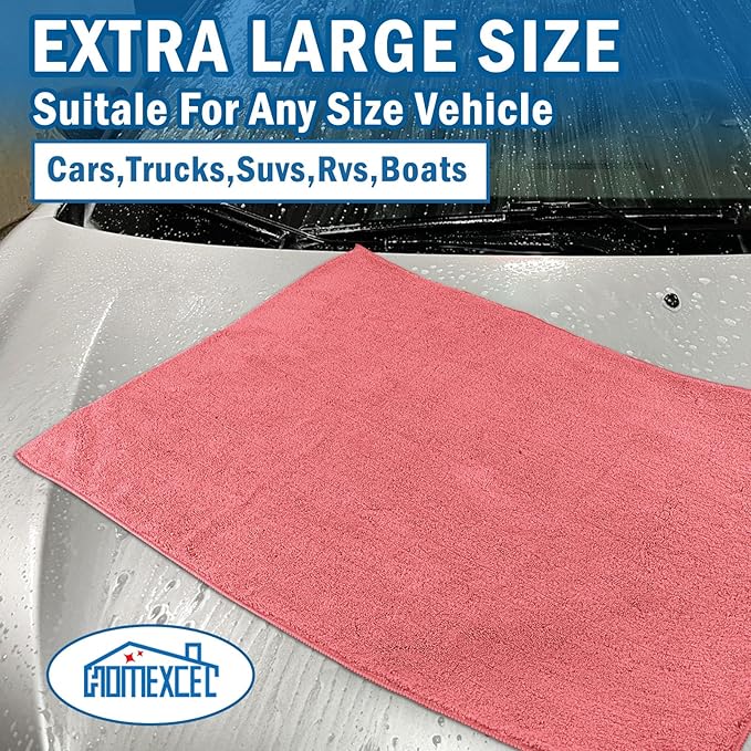 HOMEXCEL Professional Large Microfiber Car Drying Towels 2 Pack, Lint Free, Scratch Free, Highly Absorbent Drying Towel for Cars, SUVs, RVs, Trucks, and Boats,31" x 24",Red